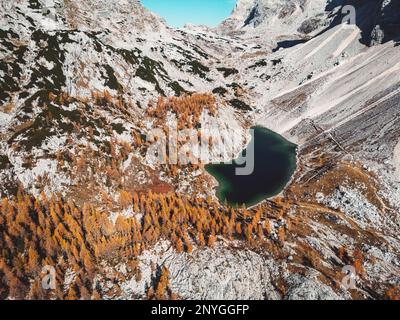 Petit lac vert émeraude dans le parc national de Triglav en automne, quelques arbres à haute altitude deviennent orange en automne Banque D'Images