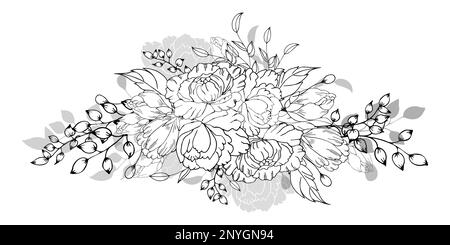 Fond floral, composition florale, fond floral avec fleurs tendres et branches de bourgeons. Dessin à la main Banque D'Images