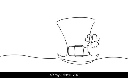 Un chapeau St Patrick en ligne continue avec une silhouette de trèfle. Concept de carte de vœux de printemps des fêtes irlandaises. Dessin à la main, dessin de l'esperon, personnage de leprechaun Illustration de Vecteur