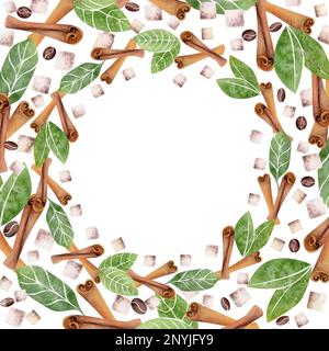 Couronne à cadre rond et aquarelle dessinés à la main avec feuilles de café, haricots, cubes de sucre, épices bâton de cannelle. Isolé sur fond blanc. Pour les invitations Banque D'Images