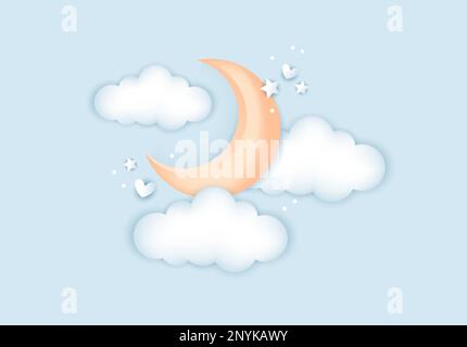 3d douche de bébé, lune avec nuages pour enfants design dans des couleurs pastel. Illustration vectorielle mignonne dans un style réaliste. Illustration de Vecteur