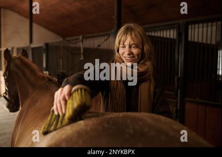 Gros plan portrait d'une horsewoman heureuse en nettoyant son étalon à la brosse Banque D'Images