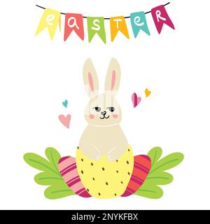 Illustration du printemps tirée à la main avec œufs, fleurs, feuilles et lapin. Illustration de Vecteur