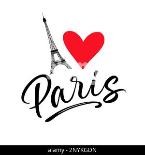 J'adore Paris, les lettres dessinées à la main et la Tour Eiffel. Paris, encre pour t-shirt ou vêtement. Lettrage moderne à la forme de calligraphie vectorielle Illustration de Vecteur