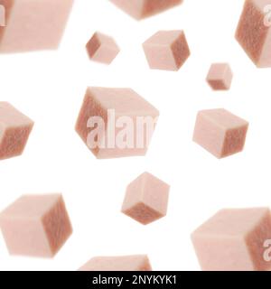 Des cubes de saucisse bouillie savoureuse tombant sur fond blanc Banque D'Images