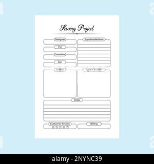 Projet de couture KDP cahier intérieur. Modèle de journal pour la fabrication de tissus et le planificateur de conception. Concepteur de mode planificateur quotidien d'affaires et mesuremen de projet Illustration de Vecteur