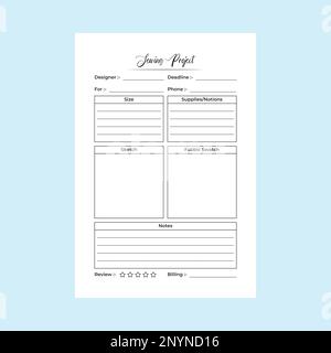Projet de couture journal intérieur KDP. Informations sur le magasin de couture et modèle de bloc-notes de commande. Intérieur KDP d'un journal. Pointeur de mesure de travail de l'aiguille Illustration de Vecteur