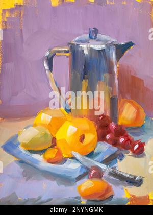 Encore la vie avec la carafe et les fruits, une poire, des pommes. Peinture à l'huile style impressionniste. Banque D'Images