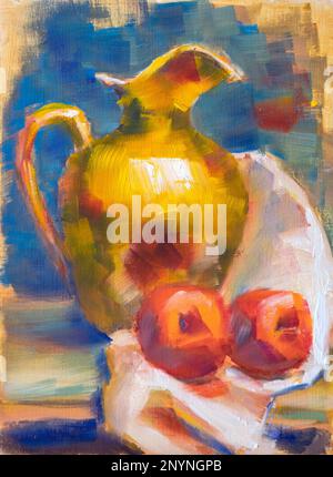 Encore la vie avec la carafe et les fruits, une poire, des pommes. Peinture à l'huile style impressionniste. Banque D'Images