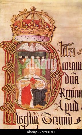 Elizabeth I (1533-1603), 1566. Un portrait tiré de la liste des appels de Pâques (K.B. 27/1218). Les rouleaux de plaidoyer sont des rouleaux de parchemin qui enregistrent les détails de poursuites judiciaires ou d'actions devant un tribunal en Angleterre. À la fin du siècle 12th, les tribunaux ont commencé à enregistrer leurs procédures dans des listes de plaidoyer et à déposer des brefs de leur fondation. Banque D'Images