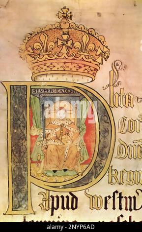 Elizabeth I (1533-1603), 1572. Un portrait tiré de la liste des appels de Pâques (K.B. 27/1241). Les rouleaux de plaidoyer sont des rouleaux de parchemin qui enregistrent les détails de poursuites judiciaires ou d'actions devant un tribunal en Angleterre. À la fin du siècle 12th, les tribunaux ont commencé à enregistrer leurs procédures dans des listes de plaidoyer et à déposer des brefs de leur fondation. Banque D'Images