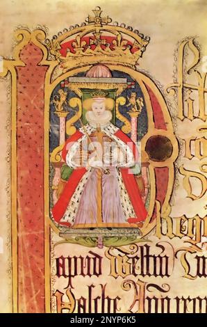 Elizabeth I (1533-1603), 1589. Un portrait tiré de la liste des appels de Pâques (K.B. 27/1309). Les rouleaux de plaidoyer sont des rouleaux de parchemin qui enregistrent les détails de poursuites judiciaires ou d'actions devant un tribunal en Angleterre. À la fin du siècle 12th, les tribunaux ont commencé à enregistrer leurs procédures dans des listes de plaidoyer et à déposer des brefs de leur fondation. Banque D'Images
