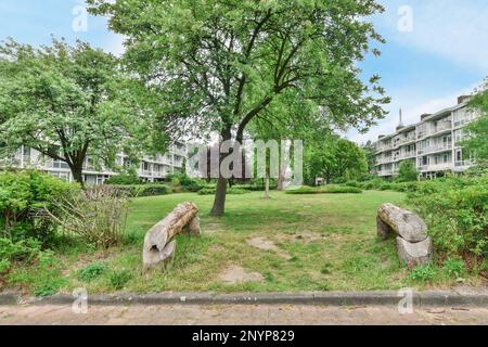 un complexe d'appartements avec des arbres et des buissons dans l'avant - swayr photo par david scott / shutterstocker com Banque D'Images