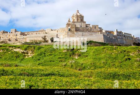 Ville fortifiée appelée Mdina Maltais L-Imdina à Malte, en Europe. Ville vue de l'extérieur du fort et des murs, des champs verdoyants autour de la ville. Banque D'Images