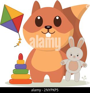 Écureuil avec jouets. Graphiques vectoriels sur le thème de l'enfance Illustration de Vecteur