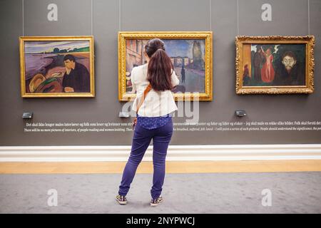 Tableaux d'Edvard Munch,'Melancholy', ' soir sur Karl Johan'et 'Jalousie', Musée d'Art de Bergen, Kode 3, Rasmus Meyer,Collection Bergen, Norvège Banque D'Images