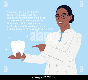 Un dentiste tient une dent saine et brillante dans la paume de sa main. Journée mondiale de la santé bucco-dentaire. Femme africaine médecin souriant. Illustration vectorielle plate. Illustration de Vecteur