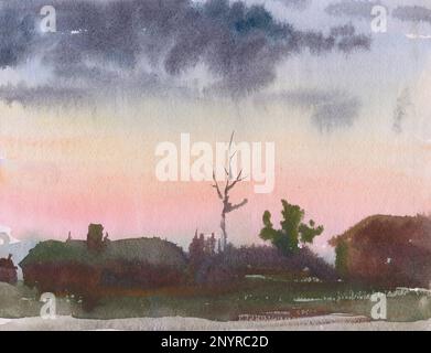 Paysage d'été avec de vieilles maisons en bois et de grands arbres. Illustration aquarelle Banque D'Images