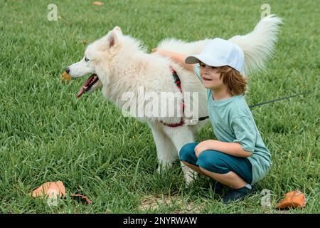 Un petit garçon enchâssant un chien blanc doux et doux qui rit dans le parc ou qui pousse l'herbe sur fond. Banque D'Images