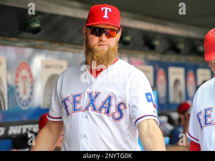 May 18, 2017: Texas Rangers left fielder Ryan Rua #16 during an MLB  interleague game between the Philadelphia Phillies and the Texas Rangers at  Globe Life Park in Arlington, TX Texas defeated