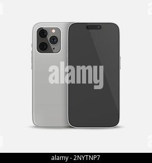 Étui pour smartphone Vector 3D Realistic Gray. Modèle de conception de téléphone pour maquette. Téléphone, face avant et face arrière, vue avant Illustration de Vecteur