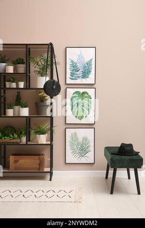 Intérieur de chambre élégant avec beaucoup de belles plantes de maison Banque D'Images