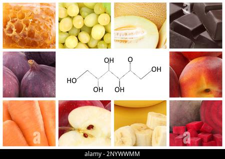 Collage avec photos de différents produits contenant du fructose Banque D'Images