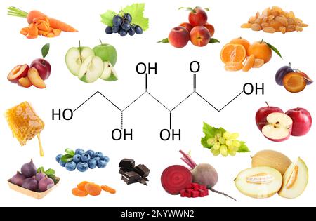 Collage avec photos de différents produits contenant du fructose Banque D'Images