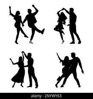 Ensemble de couples dansants, silhouettes sur fond blanc. Illustrations vectorielles Banque D'Images