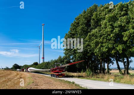 Camion avec une remorque chargée d'une hélice de moulin à vent. Se dresse sur une route de campagne, sur fond d'arbres et de moulins à vent. Banque D'Images