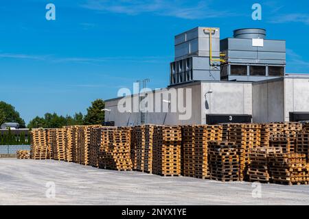 Beaucoup de palettes en bois dans un entrepôt en face d'un bâtiment industriel. Ciel bleu. Banque D'Images