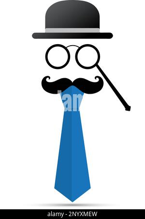 Moustache noire, lorgnette, chapeau et cravate bleue sur fond blanc Illustration de Vecteur