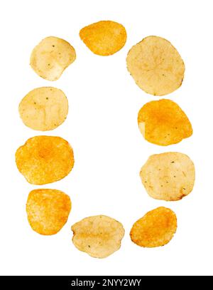 Numéro 0 fait de chips de pomme de terre et isolé sur fond blanc. Concept de numeral alimentaire. Un numéro de la police de puce de pomme de terre facile à empiler. Banque D'Images