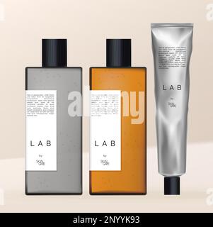 Ensemble Vector Health and Body avec bouteille en plastique rectangulaire transparente grise et marron et emballage de tube en crème pour les mains en aluminium argenté métallisé Illustration de Vecteur