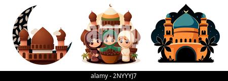 Bonne Ramadan Kareem. Illustration vectorielle de mosquée, croissant, femmes pour carte de vœux. Illustration vectorielle Illustration de Vecteur