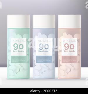 Vector Beauté suppléments ou pilules pastel couleur teinté transparent blanc bouchon à vis emballage. Vert, bleu et rose. Illustration de Vecteur