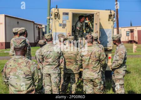 L’Adjudant-chef Two Whitney R. Smiley se penche sur le fait que la cellule 25th DIVARTY ADAM/BAE mène une formation post-commandement de la défense aérienne au début de janvier 2023 avec ses homologues de la Division d’infanterie 25th. Le sujet traité comprend les techniques de mise à la terre appropriées, le fonctionnement des systèmes à l'intérieur de l'abri, l'intégration extérieure de ces systèmes avec d'autres actifs de la force terrestre, ainsi que les connexions physiques qui les relient. La formation a atteint l'objectif général d'accroître le développement de la défense aérienne de la série 14 dans l'ensemble de la Division. Banque D'Images