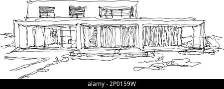 croquis architectural dessiné à la main d'une maison indépendante moderne de deux étages avec toit plat et piscine Banque D'Images