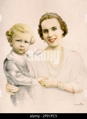 1934 CA , Roma , ITALIE : la princesse belge Marie José de BELGIQUE ( 1906 - 2001 ) , future dernière reine d'Italie en mai 1946 , mariée en 1930 avec le prince italien de Piemonte UMBERTO II di SAVOIA ( 1904 - 1983 ) . Dans ce portrait du peintre F. Spottore avec le fils VITTORIO EMANUELE (né à Naples le 12 février 1937). Portrait officiel du peintre Federico SPOLTORE ( 1902 - 1988 ). - Maison de BRABANT - BRABANTE - royalties - nobili italiani - nobiltà - principessa reale - ITALIA - BELGIO - Maria José - ritratto - personnalité célébrités personnalités quand était petit enfant - b Banque D'Images