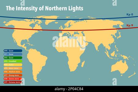 Carte mondiale de l'intensité et de la visibilité des aurores boréales Banque D'Images