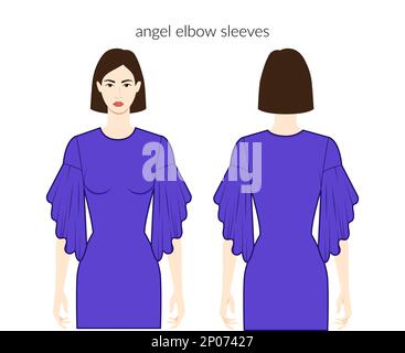 Angel manches Dalmation, vêtements évasés longueur coude - robes à volants pour femmes, hauts, chemises illustration technique de la mode, corps ajusté. Modèle de vêtement plat à l'avant et à l'arrière. Femmes hommes unisexe CAD maquette Illustration de Vecteur