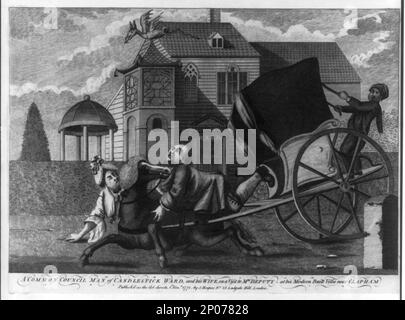 Un homme du conseil commun de Candlestick Ward, et son épouse, lors d'une visite à M. adjoint - dans sa villa moderne construite près de Clapham. Collection British Cartoon Prints . Voitures et autocars, Angleterre, 1770-1780. , Accidents,Angleterre,1770-1780. , Architecture,Angleterre,1770-1780. , Maisons,Angleterre,1770-1780. , Dragons,1770-1780. Banque D'Images