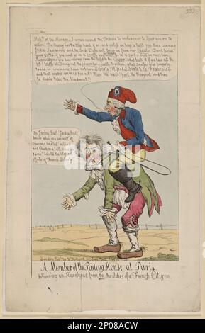 Membre de la maison d'équitation de Paris, délivrant un harangue des épaules d'un citoyen français. Collection British Cartoon Prints . Suvorov, Aleksandr Vasil?evich,kni?a?z? Italie?ski?,1730-1800. , Fonctionnaires,français,France,1790-1800. , Politique militaire,France,1790-1800. Banque D'Images