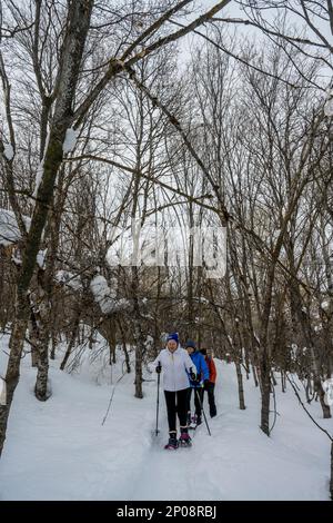 Trois femmes (libérées), dont un senior de 90 ans, raquette au Nordic Center of the Sundance Resort, également connu sous le nom de Sundance Mountain Resor Banque D'Images