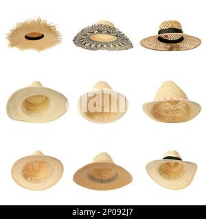 Ensemble avec différents chapeaux de paille sur fond blanc. Adresse élégante Banque D'Images