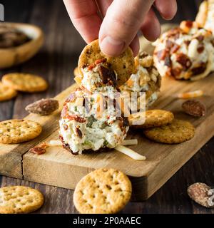 Une main trempant un Cracker dans une bombe de graisse de fromage à la crème de cornichon. Banque D'Images