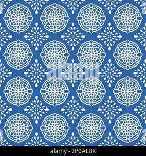 Motif sans couture avec décoration orientale. Dentelle blanche fine sur fond bleu imprimé sur toute la surface Banque D'Images