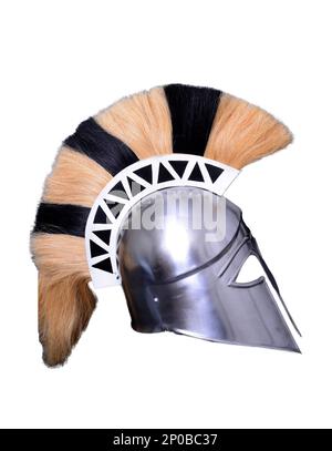 Iron Ancient Greek Corinthian Helmet complet avec panache isolé sur blanc Banque D'Images