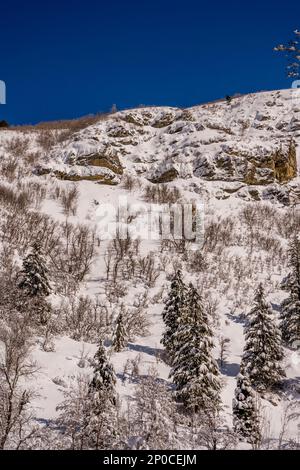 Vue sur les parois enneigées du canyon à Sundance Resort, également connu sous le nom de Sundance Mountain Resort, qui est une station de ski située à 13 miles (21 km) de northe Banque D'Images