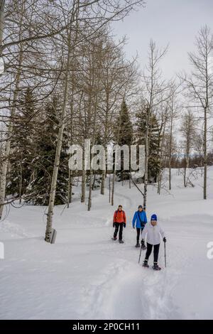 Trois femmes (libérées), dont un senior de 90 ans, raquette au Nordic Center of the Sundance Resort, également connu sous le nom de Sundance Mountain Resor Banque D'Images